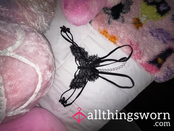 Bu*terfly Thong Pearl Lace Strappy Black Submissive Elegant Crotch Hugging Panties