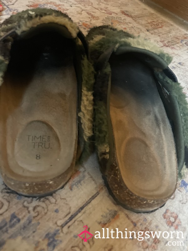 Camo Furry Slide In Cork Soles Dirty Smelly Stinky Sweaty Shoes