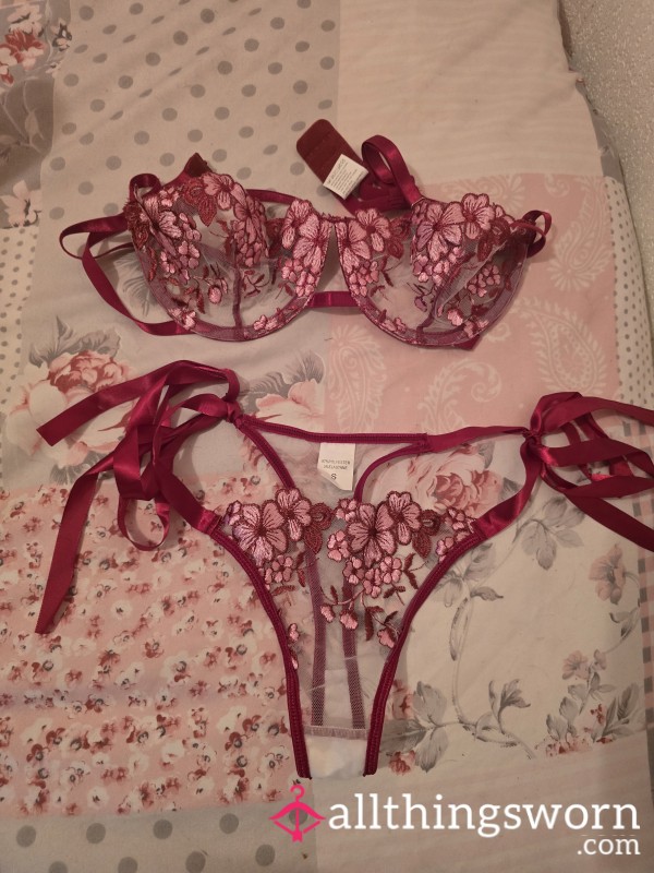 Candy Apple Red And White Flor*l Thong And Bra Set