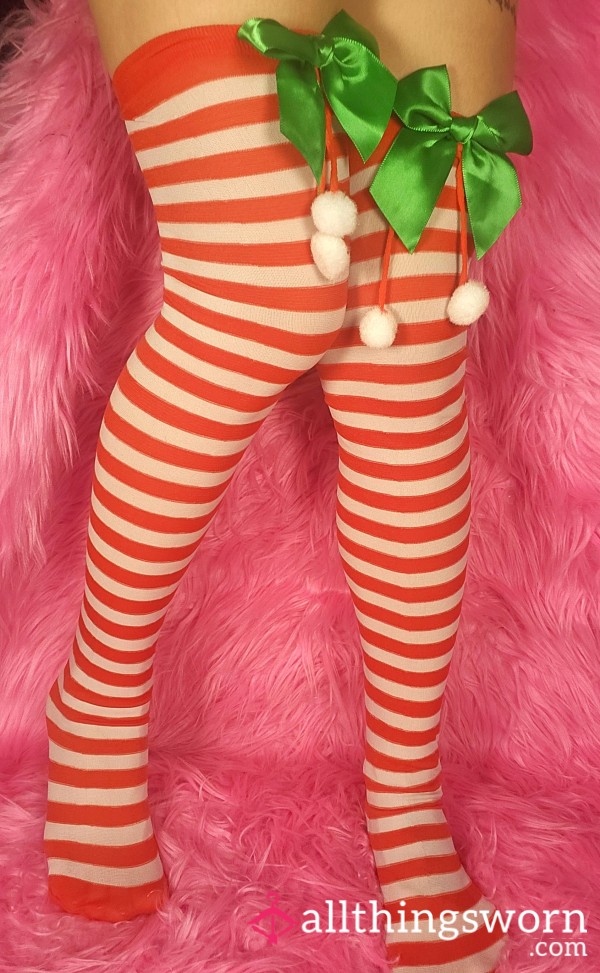 🍬 Candy Cane Striped White Green Red Striped Stocking Thigh High Nylon Cute Girly Bow Tie Pom Pom Socks Asian Japanese Feet Petite Arched Feet Foot Worship Gym Workout Fitness Model