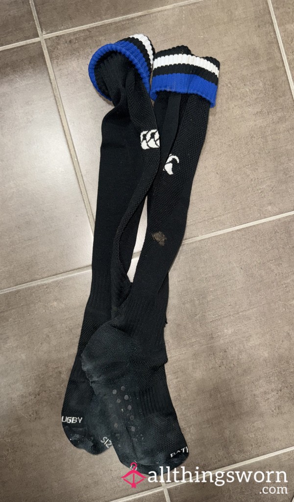 Canterbury Rugby Socks Heavily Worn With Holes That Have Seen Plenty Of Action.