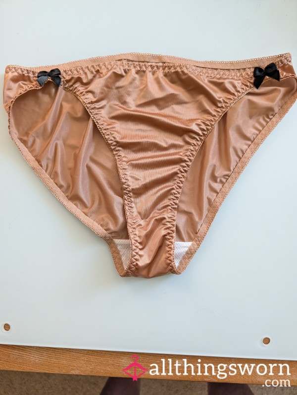 Champagne Satin Bikini Briefs With Black Bow Accents ✨🖤