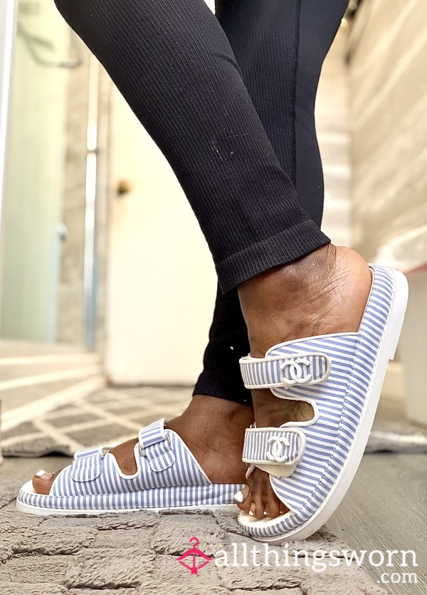 Chanel Blue Stripe Cloth Dad Mules