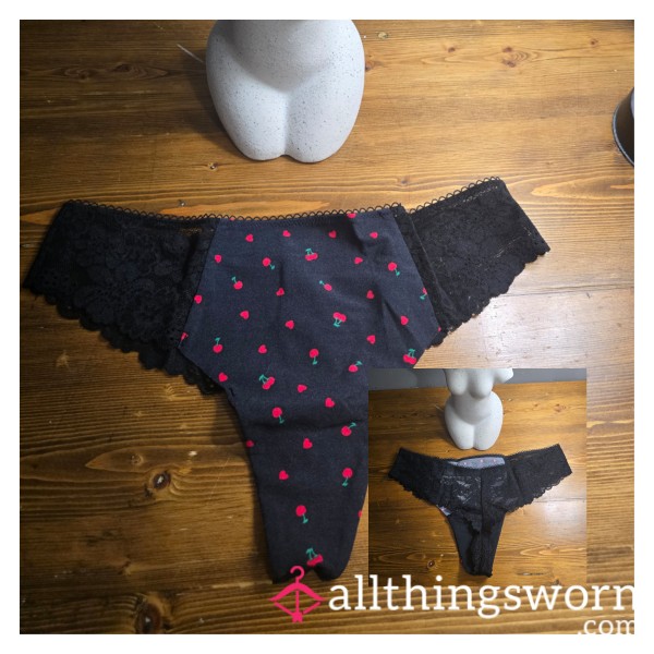 Cherry Cotton And Lace Thong