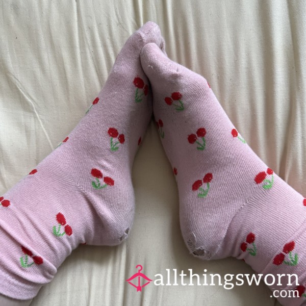 Cherry Pink Crew Socks - Well Worn With Holes