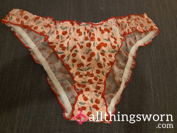 Cherry Print Panty With White Lace Detail Slightly See Through Size Extra Large