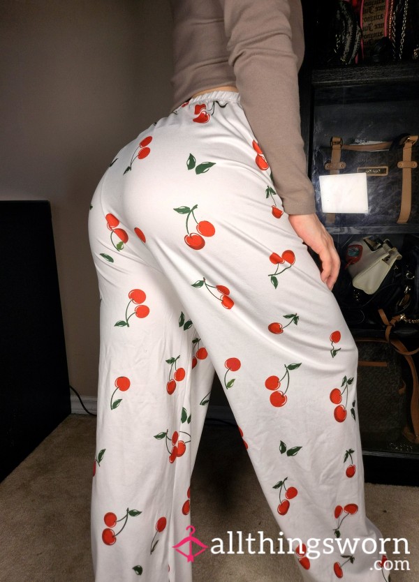 🍒 Cherry White Satin Pj Pajamas Lounge Pants Stretchy Silky Soft Girly Cute Pants Japanese Gym Girl Curvy Big Booty Tattoos S**y Model Trainer