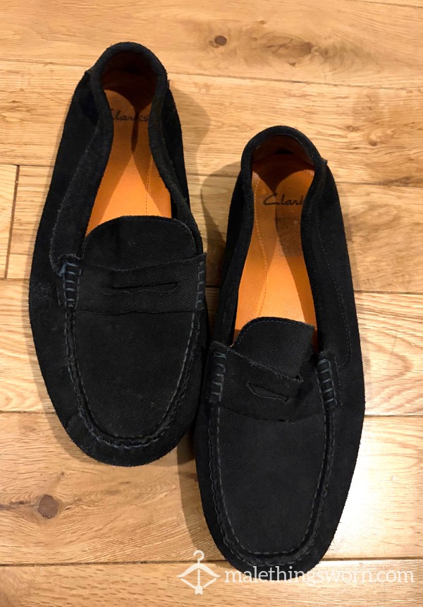 Clarks Black Suede Moccasins Casual Shoes Used UK Size 9 (EU 43 US 10)
