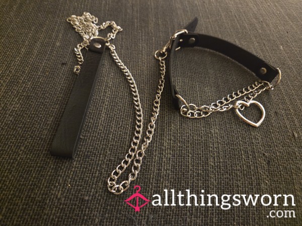 Collar With Metal Heart And Leash