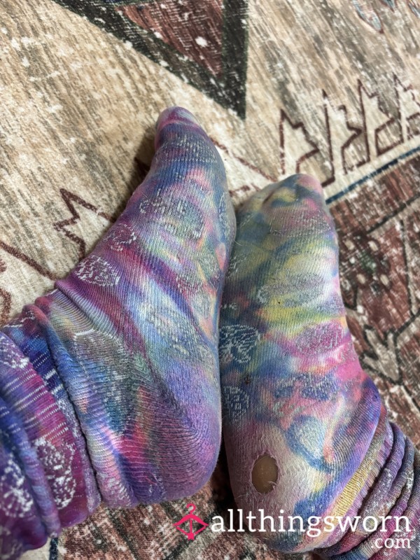 Colourful Patterned Socks - Very Worn Pair With Hole
