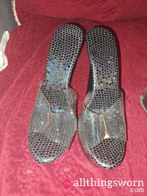 Vinyl Black Slip-on Strapless Platform Stripper Heels