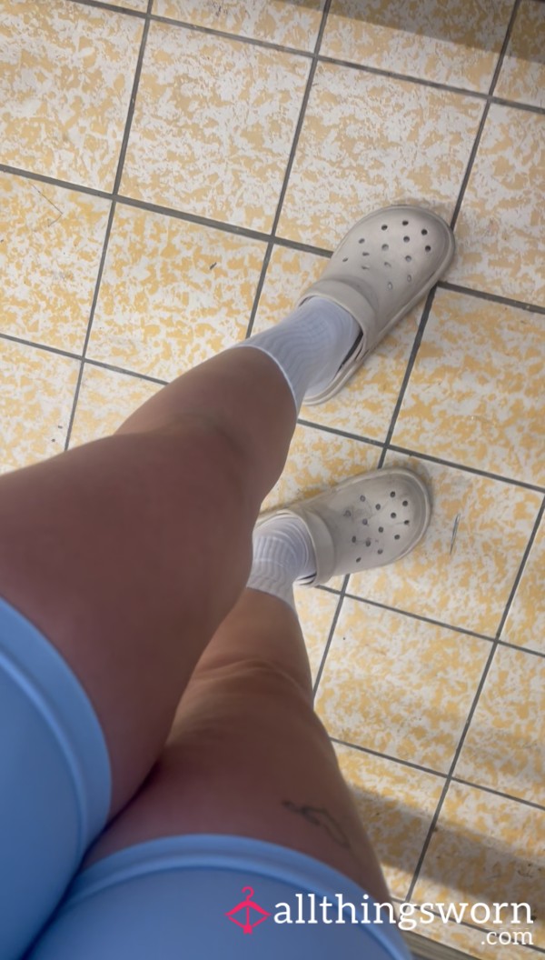 Come Food Shopping With Me - Feet Leg Shoe Focused. Hear Me Chat Away To Strangers In The Shop. - Tanned Legs - White Sports Socks - Crocs - Lycra Gym Shorts. (3m5s). £1.50