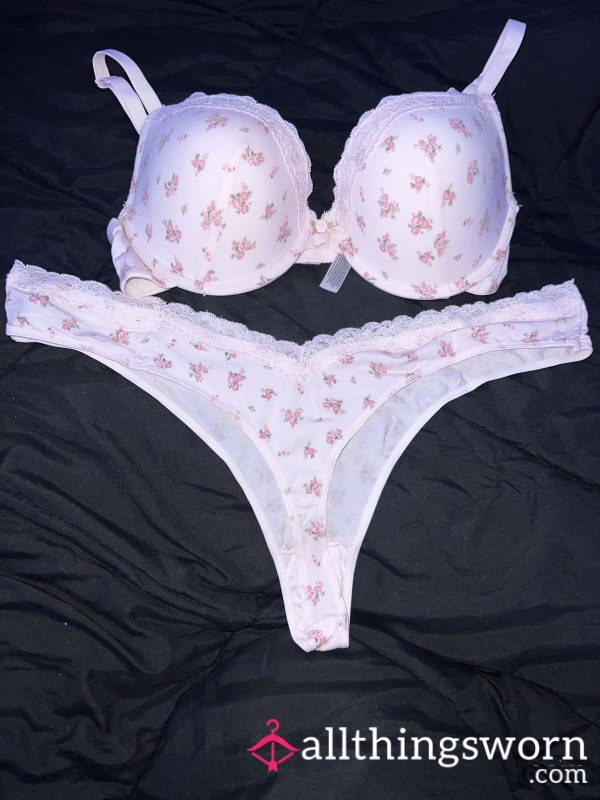 👷🏻‍♀️🩷Construction Girl Pink Flower Lace Push Up Bra And Thong Set Worn 24h🌸