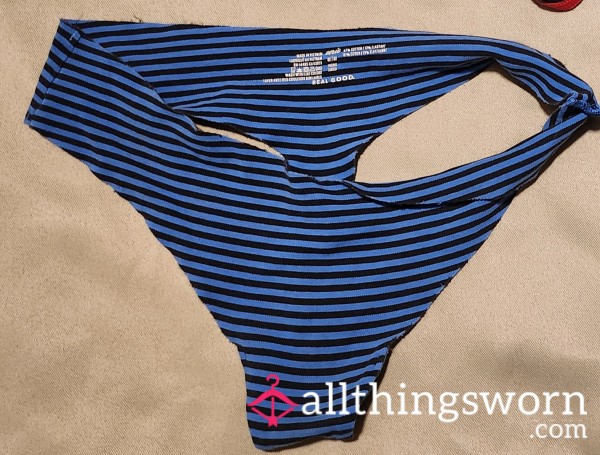 Cotton Black And Blue Thong With Gusset