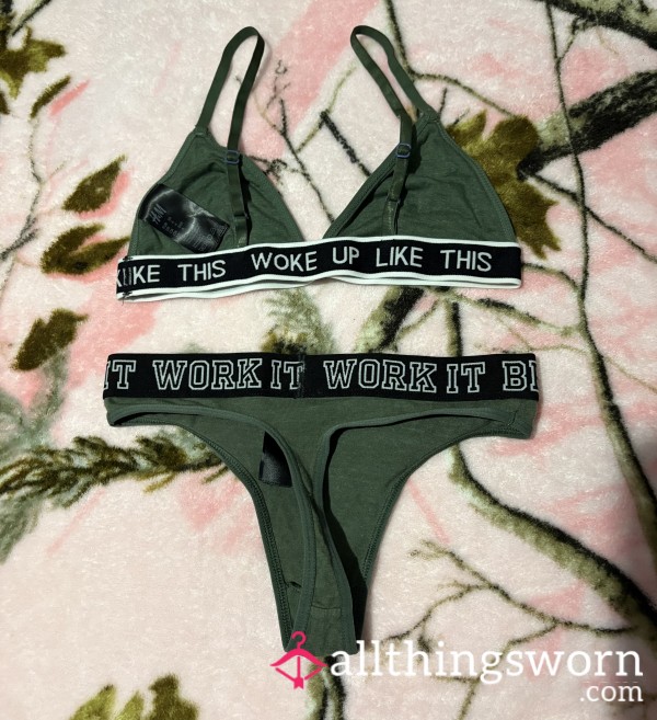 Cotton Green Khaki Woke Up Like This Work It Thong A Crop Top Bra Set Worn As A Size 6 Petite Blonde Little Titties
