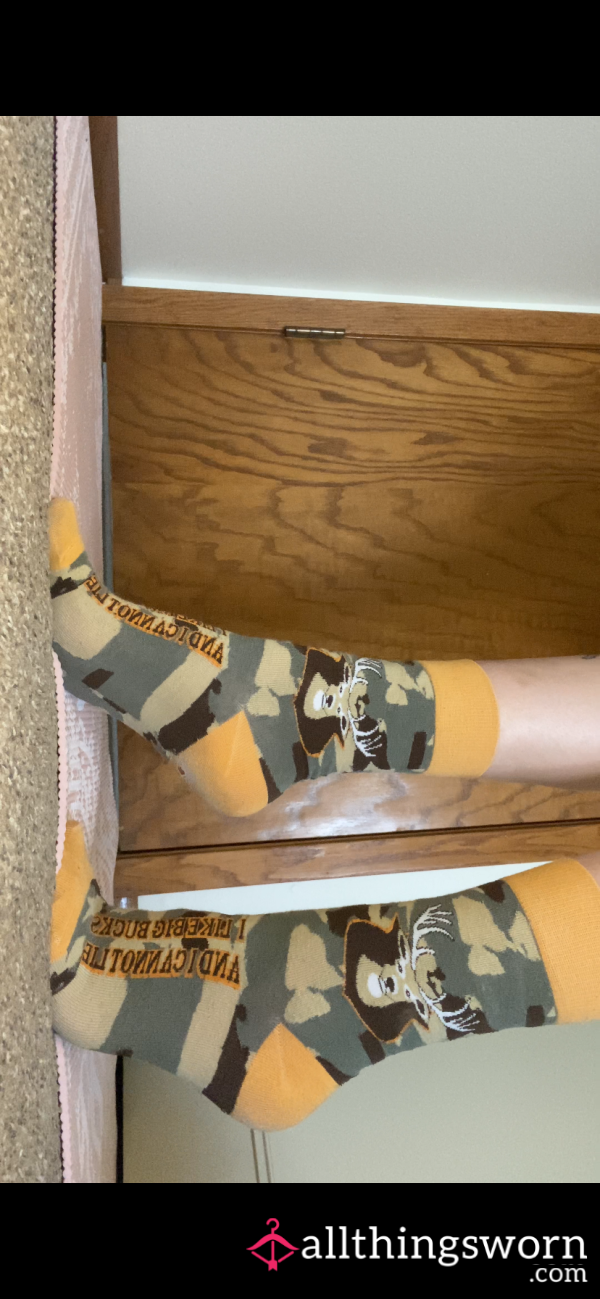 Country Boys Gone Wild- Worn Camo Socks With Big Buck Energy.