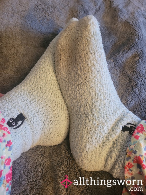 Cozy & Fuzzy Stained Smelly Socks - Blue Socks With Cat Detail