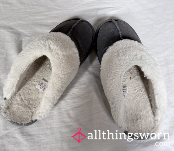 Cozy Grey Fur-Lined Slippers – Soft & Well Worn