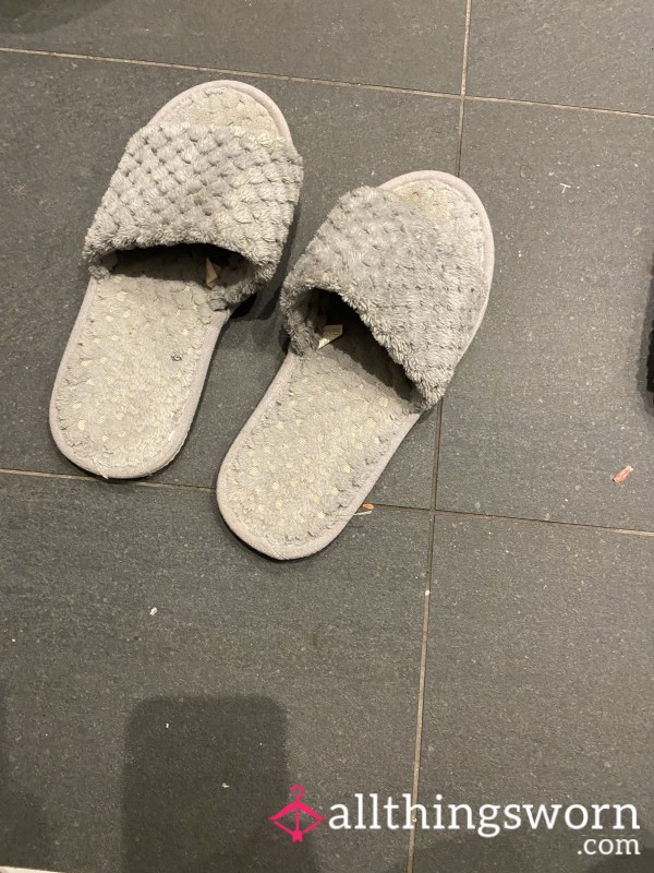 Cozy Worn Grey Slippers