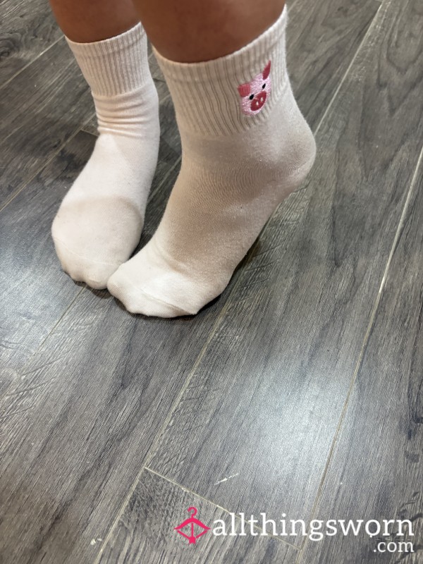 Cozy Worn-In White Socks With Pig Design On The Side