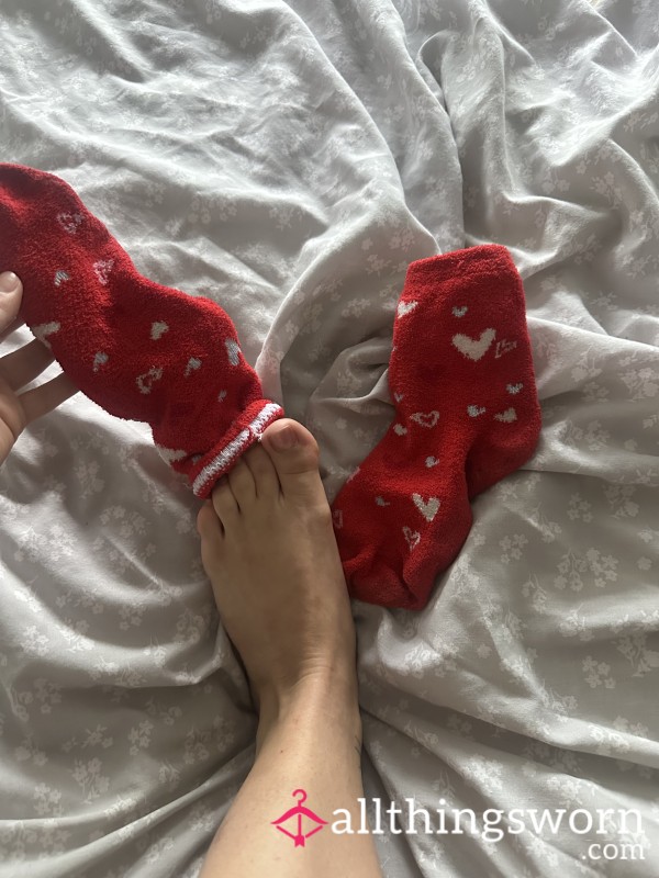 Cozy Worn Red Fluffy Heart Socks