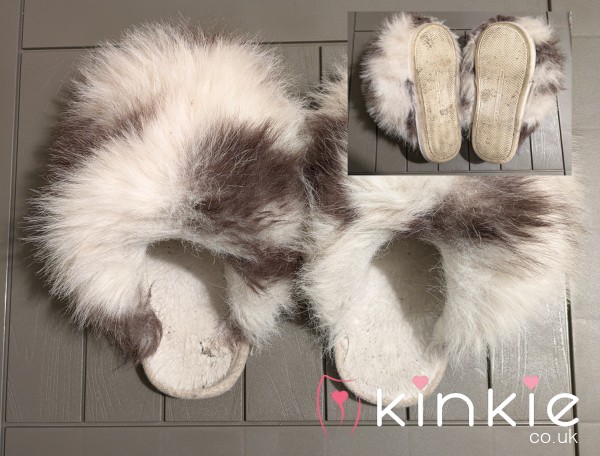Cream And Brown Cow Print Fluffy Slippers, Very Worn And Stinky
