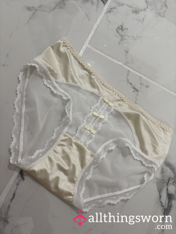 Cream And White Silk/satin/lace/sheer Panties With Bow
