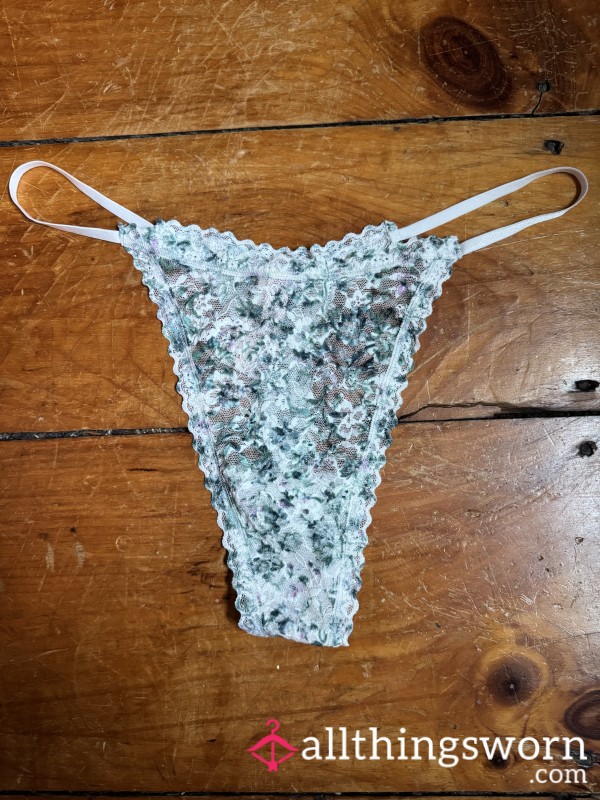 🤍🍃Cream & Green Leaf Pattern Lace G-String, XXL, VS