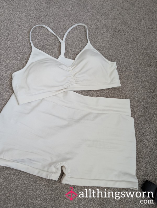 Cream Gym Set. Shorts And Sports Bra