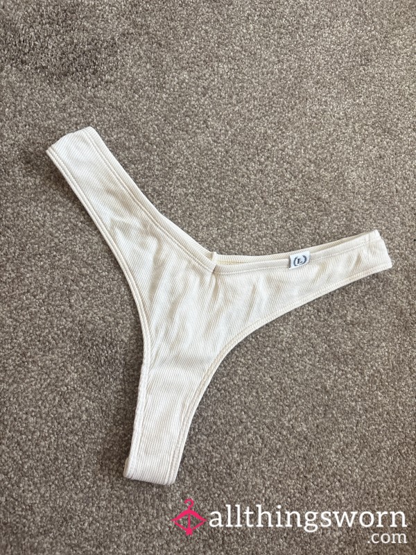 Cream Nude Beige Cotton Ribbed Thong Panties Knickers Used Well Worn Size 12 Uk Women’s