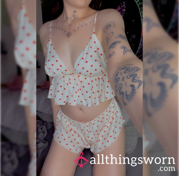 Cream & Red Heart Silk Pjs
