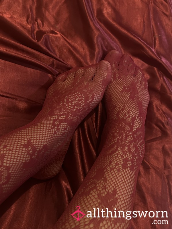🔥 Crimson Temptation – Worn Red Fishnets 🔥