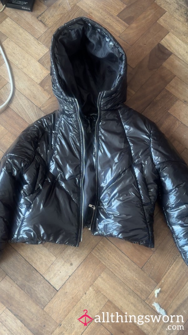 Cropped Shiny Black Puffer Boohoo Coat