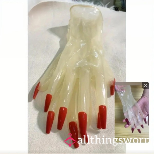 Crossdressing Male To Female, Oil Shiny Transparent Super Thin Latex Zentai Long Red Flat Nails Sheer Gloves