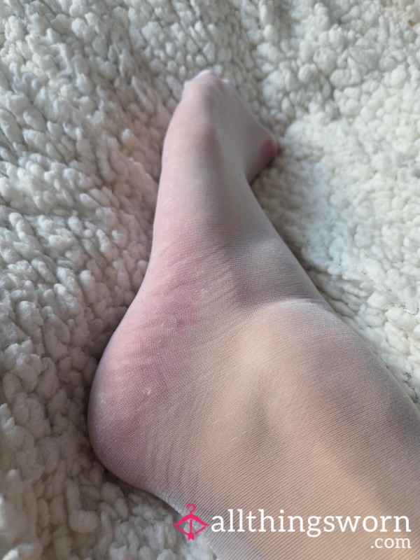 Crusty Feet In White Hold Ups! See The P**ling Through The Slinky Fabric!