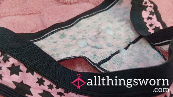 C*mMY PINK W/BLACK STARS COTTON THONG W A HUGE LOAD READY TO SHIP!