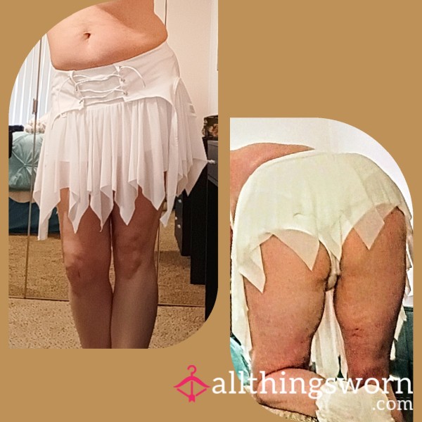 🤍 Custom Upskirt Photos In This 🤍 Flirty White 🤍 Lace-up Skirt With Full Attached Panty & Sheer Handkerchief Overlay