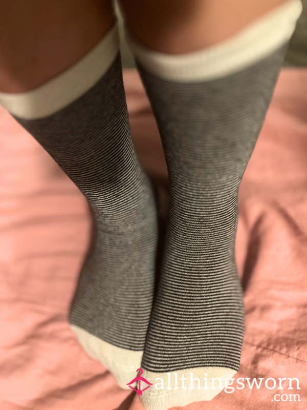 White & Black Striped Crew Socks Cotton