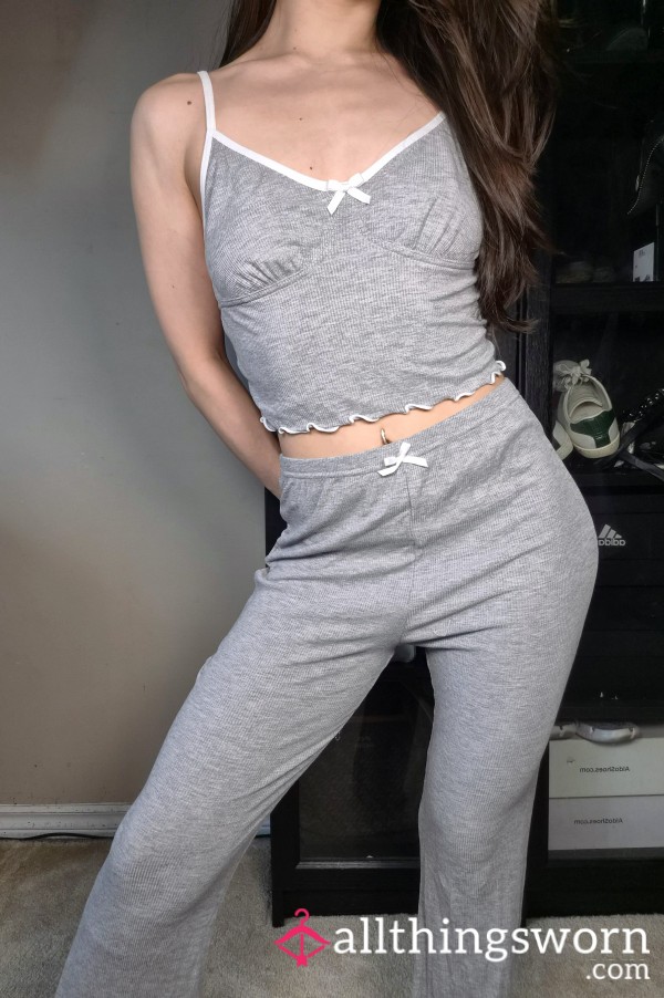 🩶Cute 2 Piece Matching Set Lounge Grey Pj's Pajama's Tank Top Cropped Top+ Bottoms Pants Japanese Girl S**y Asian Athletic Petite Brunette Tattoos Curvy Slim Thick Fitness Model