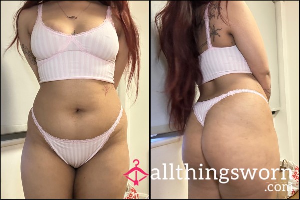 Cute Baby Pink Striped Seamfree Lace Thong Lingerie Set Available For Wear 🫶🏼