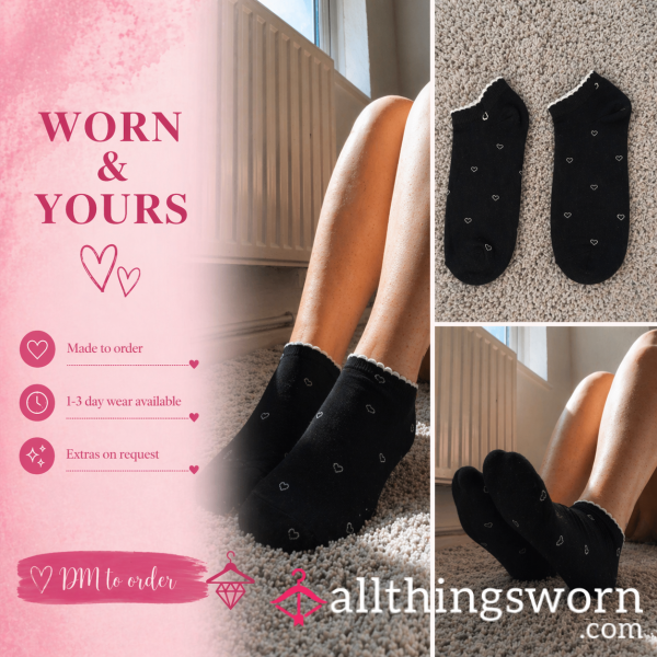 Cute Black Trainer Socks With A Delicate Heart Pattern 🤍