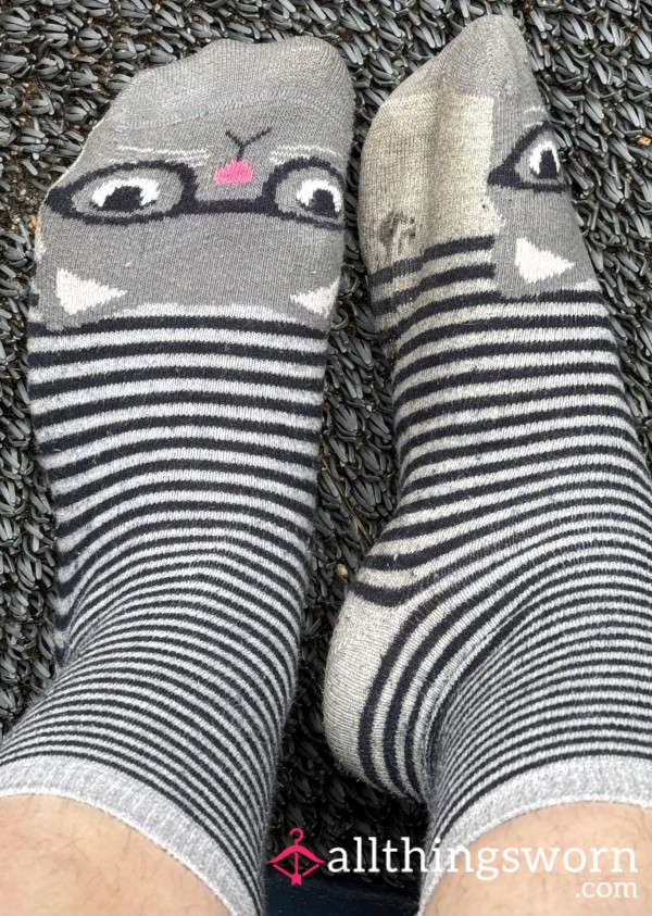 Now One Week Worn Sealed And Ready To Ship Cute Cat Black And Grey Stripy Cotton Crew Socks- Worn As Long As You Like 👣