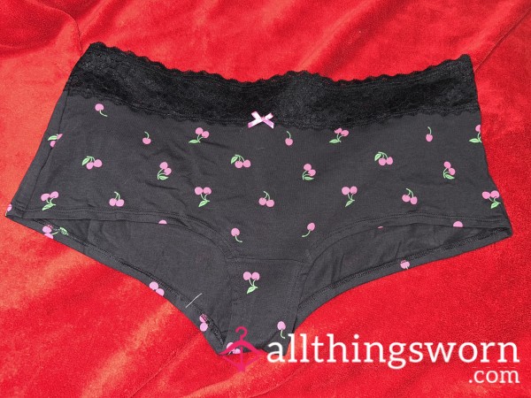 ~CUTE CHERRY PRINT BLACK LACE TRIM COTTON BOYSHORT PANTY~