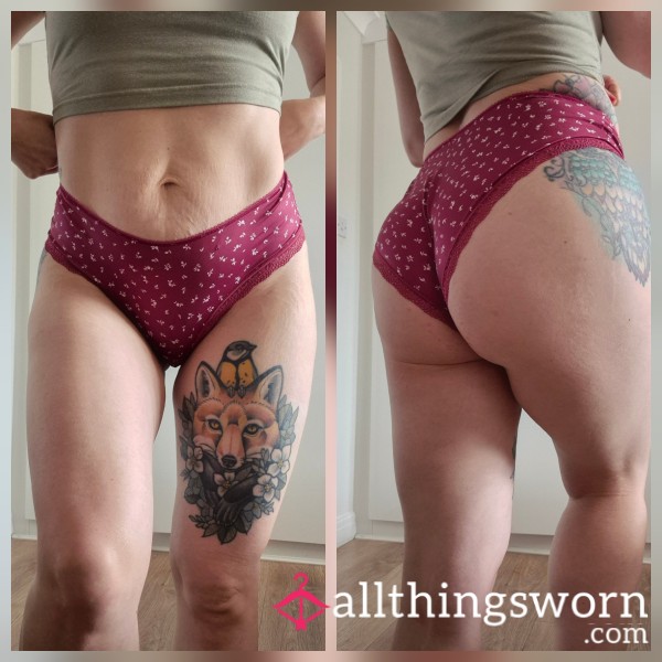 Cute Deep Red Flor*l Briefs With Lace Trim