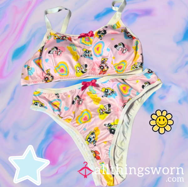 Cute & Kinky Worn Powerpuff Girls Bra & Panty Set — Sweet, Scented & Naughty