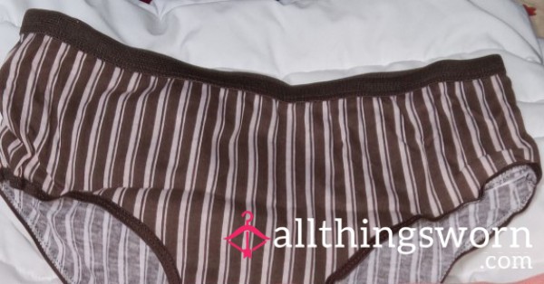 Cute-patterned Briefs, Size Small.  Brown With Peach Stripes.  2 Days Of Wear For $22.