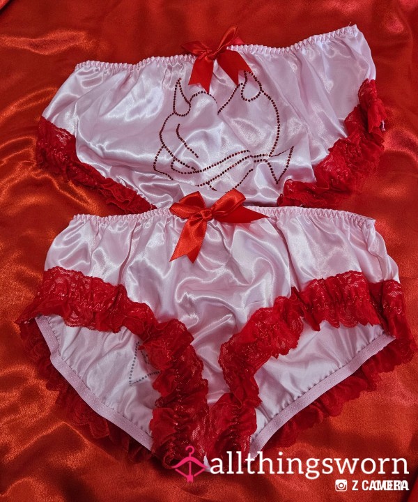 Cute Pink And Red Satin Frilly Panties With Diamanté Devil On The Back Can Be Worn For 48 Hrs No Wipe If Preferred Or Would Make Great Sissy Panties Will Be Vacuum  Packed And Sealed For Fres