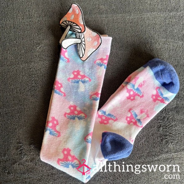 Cute Pink & Blue Knee High Mushroom Socks