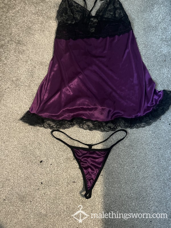 Cute Silky Purple Lacey Chemise And G String