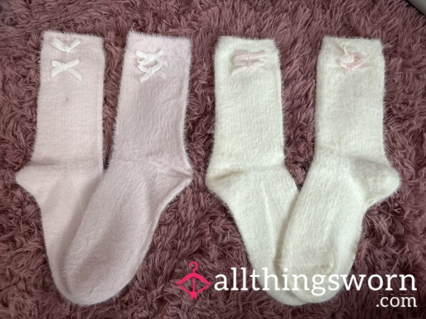 Cute Soft Fluffy Socks With Bows Pink Or White